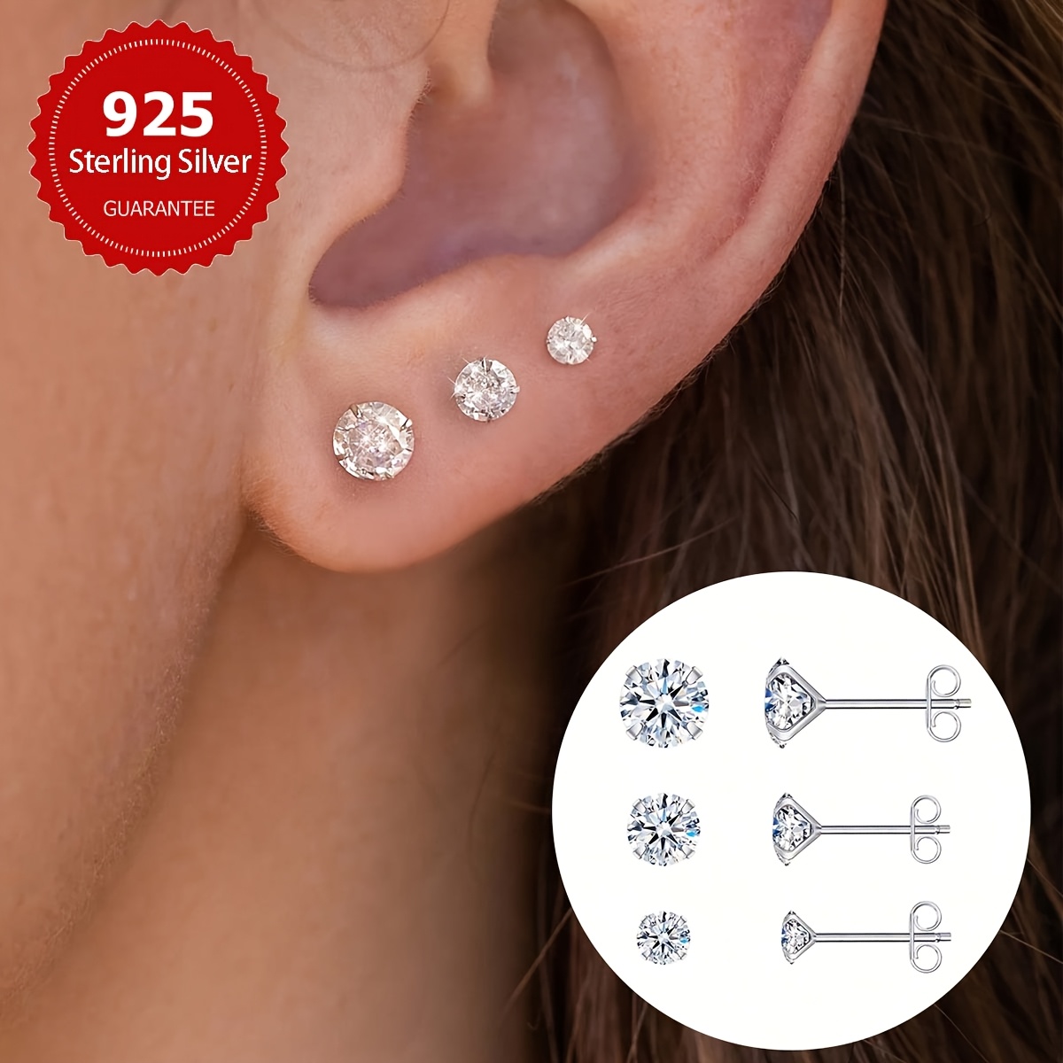 3 Pairs Sterling Silver Sparkling Stud Earrings Set